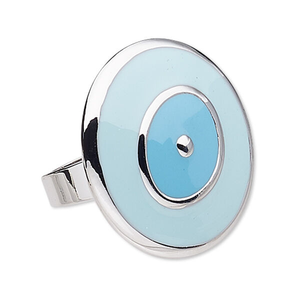 Ring, enamel and antique silver-plated "pewter" (zinc-based alloy), blue and turquoise blue, 32mm round, adjustable. Sold individually. image number 0
