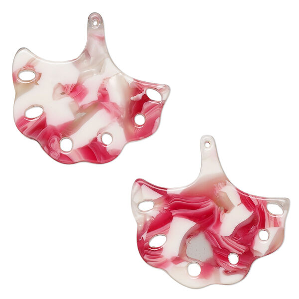 Charm, resin, pink / red / white, 23x22mm ginkgo leaf with cutouts. Sold per pkg of 8. image number 0