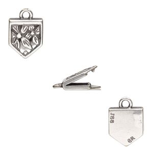 Cord end, JBB Findings, fold-over, antique silver-plated brass, 11x10mm single-sided pentagon with cutout flowers and loop, 8x2mm inside diameter. Sold per pkg of 2.