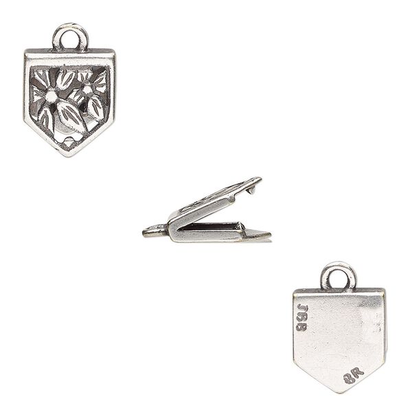 Cord end, JBB Findings, fold-over, antique silver-plated brass, 11x10mm single-sided pentagon with cutout flowers and loop, 8x2mm inside diameter. Sold per pkg of 2. image number 0