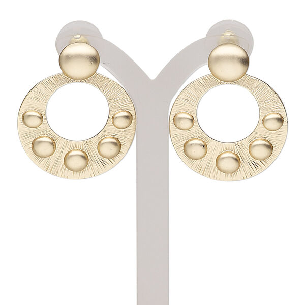 Earring, stainless steel and gold-finished "pewter" (zinc-based alloy), 1-1/2 inches with matte round go-go and post. Sold per pair. image number 0