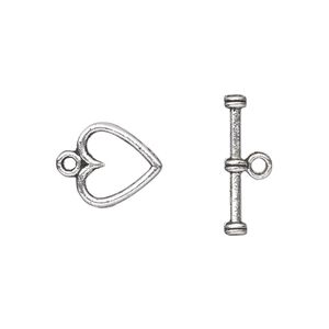 Clasp toggle 1pkg20 silver-plated "pewter" (zinc alloy), 12mm double-sided heart, antique 1-strand