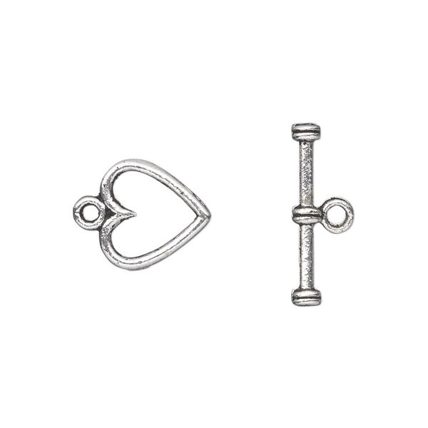 Clasp, toggle, antique silver-plated "pewter" (zinc-based alloy), 12x12mm double-sided heart. Sold per pkg of 20. image number 0