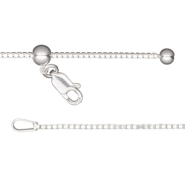 Chain, Gossamer™, sterling silver and silicone, 1.1mm box chain with 4mm ball and 5mm adjustable slider bead, adjustable from 16 to 24 inches with lobster claw clasp. Sold individually. image number 0