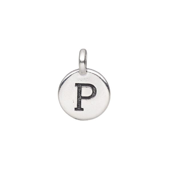 Drop, TierraCast®, antique silver-plated pewter (tin-based alloy), 11.5mm single-sided round with textured alphabet letter "P." Sold per pkg of 2. image number 0