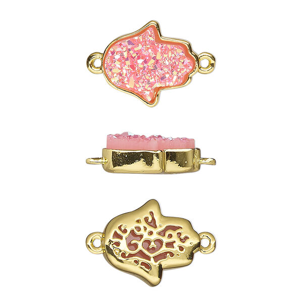 Link, Druzylite™, "druzy" (resin) and gold-finished brass, pink, 14x12.5mm two-sided Hamsa hand with open filigree back. Sold per pkg of 4. image number 0