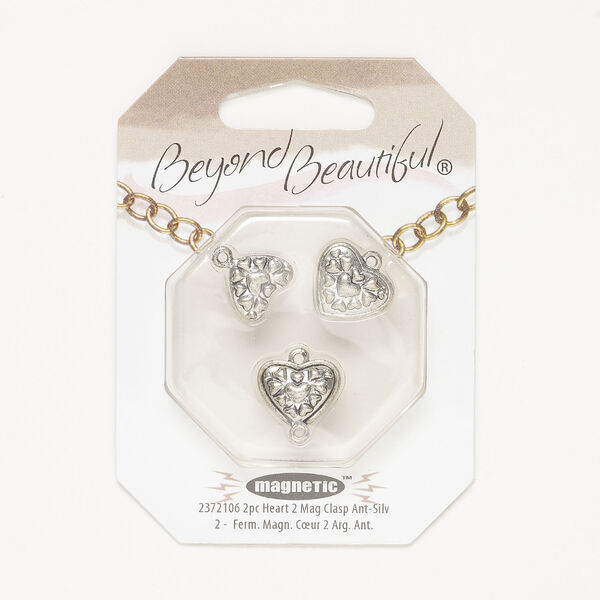 Clasp magnetic 1pkg2, 15x13mm 2-sided heart, antique silver-finished brass 1-strand image number 0