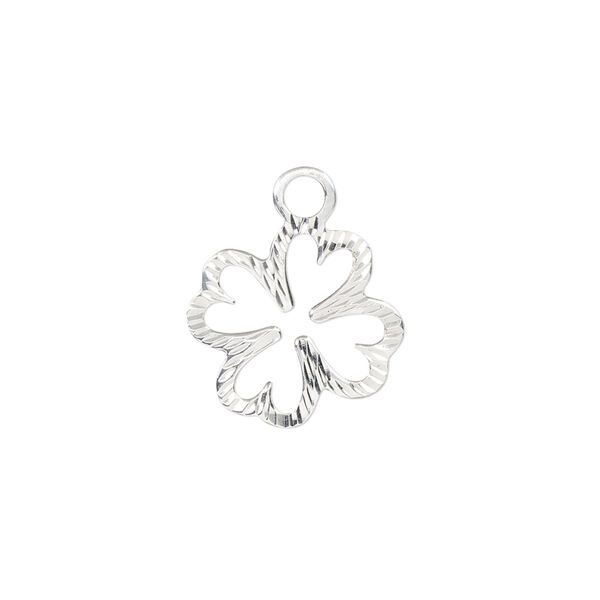 Charm, sterling silver, 15mm double-sided diamond-cut clover. Sold individually. image number 0