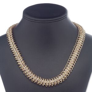 Necklace, glass rhinestone / nylon / gold-finished brass / steel / "pewter" (zinc-based alloy), light pink and clear, 15mm wide, 16-1/2 inches with 4-1/2 inch extender chain and lobster claw clasp. Sold individually.