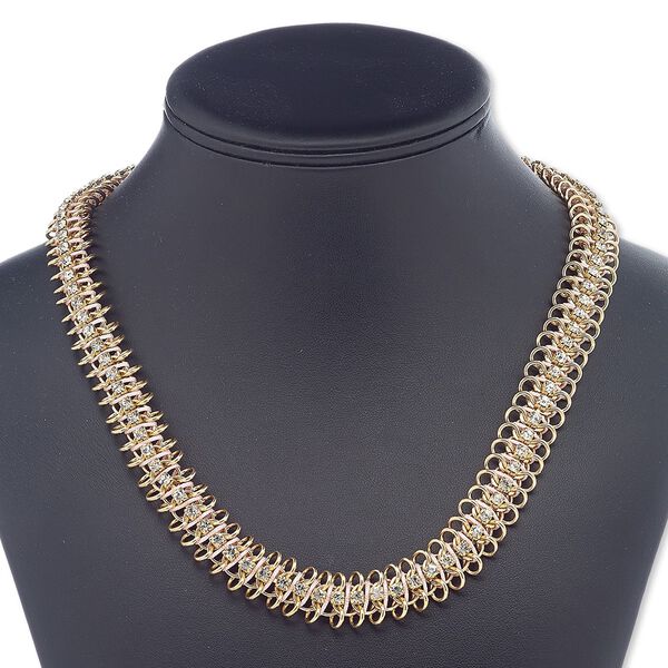 Necklace, glass rhinestone / nylon / gold-finished brass / steel / "pewter" (zinc-based alloy), light pink and clear, 15mm wide, 16-1/2 inches with 4-1/2 inch extender chain and lobster claw clasp. Sold individually. image number 0