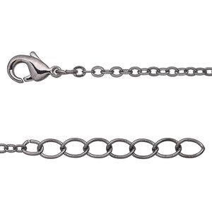 Chain, gunmetal-plated brass, 2mm flat cable, 16 inches with  1-1/4 inch extender chain and lobster claw clasp. Sold per pkg of 4.