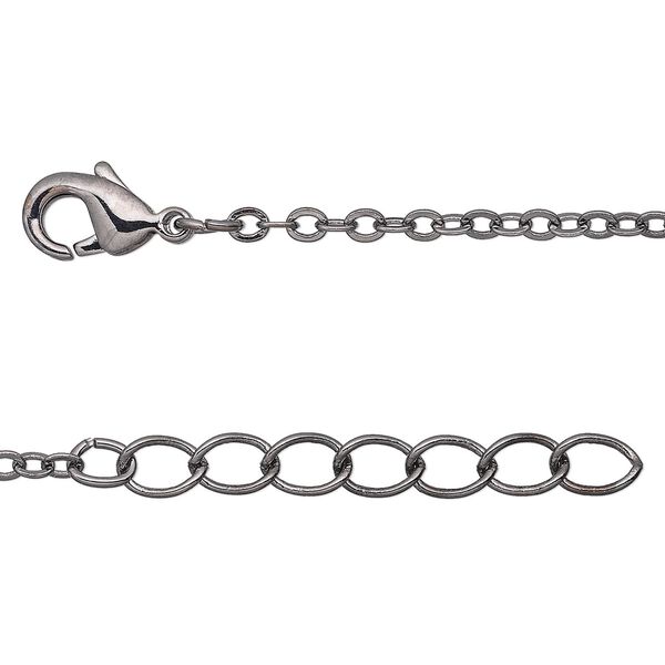 Chain, gunmetal-plated brass, 2mm flat cable, 16 inches with  1-1/4 inch extender chain and lobster claw clasp. Sold per pkg of 4. image number 0