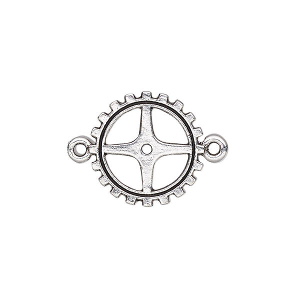 Link, antique silver-plated pewter (tin-based alloy), 18x18mm double-sided gear. Sold individually. image number 0