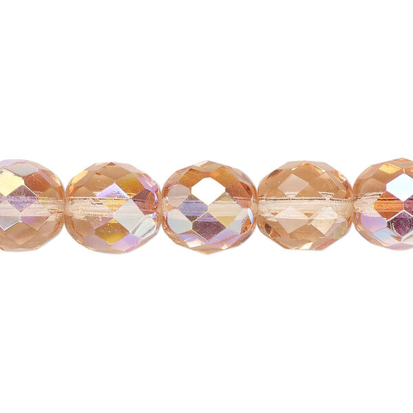 Bead, Czech fire-polished glass, light rose AB, 10mm faceted round. Sold per pkg of 600 (1/2 mass). image number 0