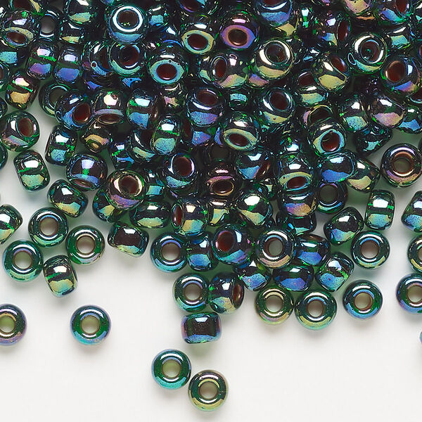 Seed bead, Miyuki, glass, pkg/25g, #6 rocaille, translucent cobalt-lined rainbow green (RR-344). image number 0