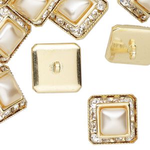 Clasp, button, gold-finished "pewter" (zinc-based alloy) / glass / acrylic pearl, white and clear, 15mm square. Sold per pkg of 12.