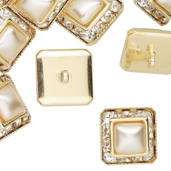 Clasp, button, gold-finished "pewter" (zinc-based alloy) / glass / acrylic pearl, white and clear, 15mm square. Sold per pkg of 12. image number 0