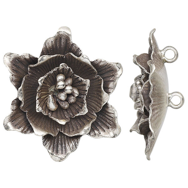 Focal, Hill Tribes, antiqued fine silver, 30x28mm flower. Sold individually. image number 0