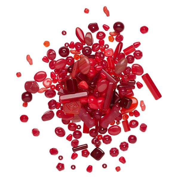 Bead mix, Czech pressed glass, opaque to transparent multi-red, 5x4-35x8mm mixed shapes. Sold per 4-ounce pkg, approximately 455 beads. image number 0