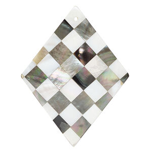 Focal, black lip shell / mother-of-pearl shell / resin (assembled) 1pkg1, 66x49mm-68x52mm top-drilled 1sided diamond with checkerboard pattern.