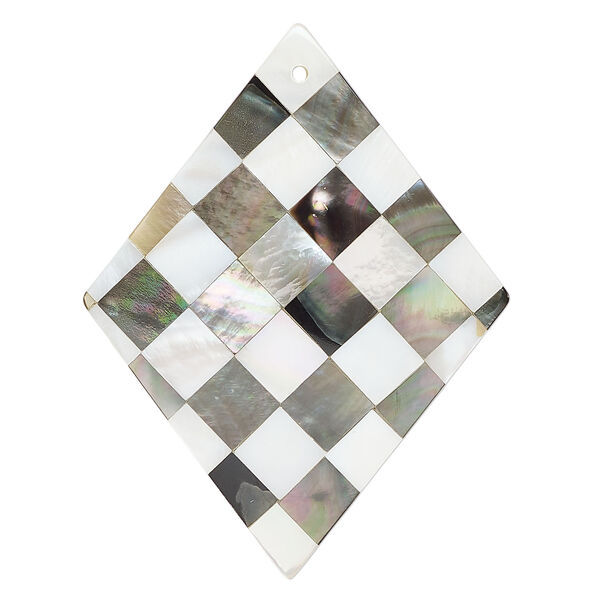 Focal, black lip shell / mother-of-pearl shell / resin (assembled) 1pkg1, 66x49mm-68x52mm top-drilled 1sided diamond with checkerboard pattern. image number 0