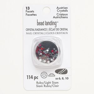 Flat back mix, crystal, ruby and light Siam, pkg/144, 2.00-2.90mm round, SS6/SS8/SS10.