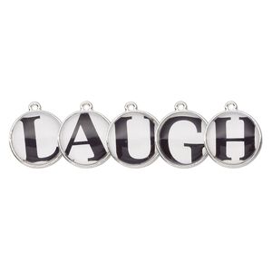 Drop, silver-finished "pewter" (zinc-based alloy) and plastic, black and white, 20mm single-sided domed flat round with "LAUGH." Sold per 5-piece set.