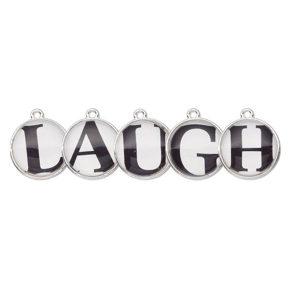 Drop, silver-finished "pewter" (zinc-based alloy) and plastic, black and white, 20mm single-sided domed flat round with "LAUGH." Sold per 5-piece set. image number 0