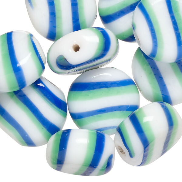 Bead, lampworked glass, opaque blue / green / white, 17mm flat round. Sold per pkg of 10. image number 0
