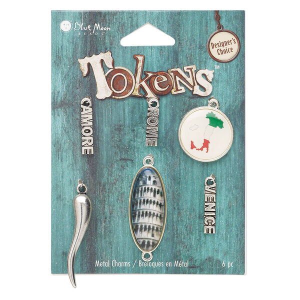 Focal and drop mix, resin and antique silver-finished "pewter" (zinc-based alloy), assorted Italy designs. Sold per pkg of 6 pieces. image number 0
