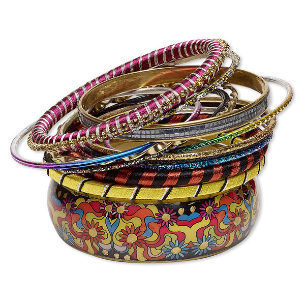 Bracelet, bangle, polyester / resin / glass / gold-finished aluminum / brass / steel, assorted colors with glitter, 2.5-24mm wide, 8 inches. Sold per 12-piece set. image number 0