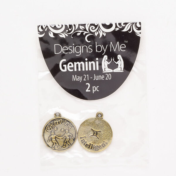 "Pewter" (zinc-based alloy) / enamel 1pkg2, 2-sided round charm / Gemini / "Intelligent" antique gold finish / black 18mm image number 0