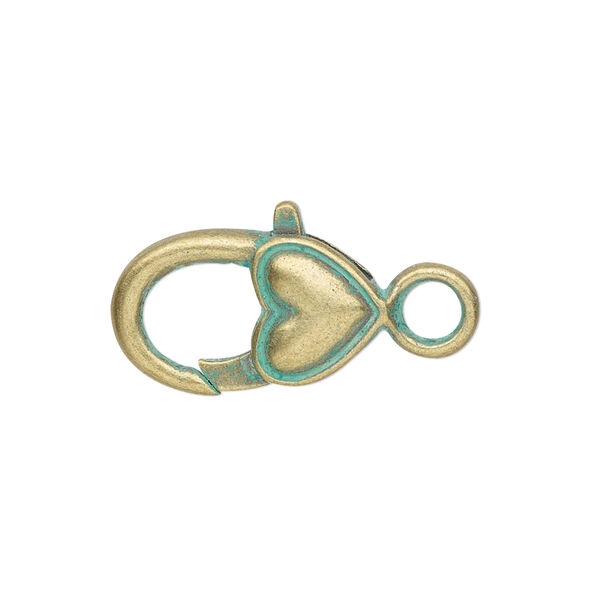 Clasp, lobster claw, antique brass-plated "pewter" (zinc-based alloy), green patina, 21x12.5mm double-sided with smooth heart. Sold per pkg of 6. image number 0