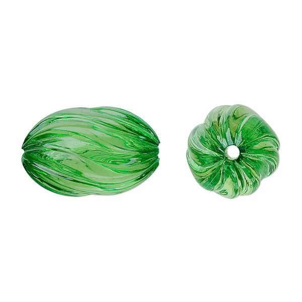 Bead, acrylic, green, 20x13mm fluted oval. Sold per 100-gram pkg, approximately 50 beads. image number 0