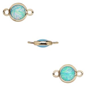 Link, Opalized Ice™, "opal" (resin) and gold-finished brass, light blue, 9.5mm double-sided round. Sold per pkg of 6.