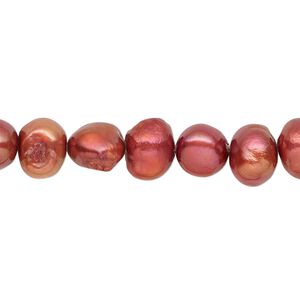Pearl, cultured freshwater (dyed), dark red-orange, 7-9mm flat-sided potato with 0.4-0.6mm hole, D grade, Mohs hardness 2-1/2 to 4. Sold per 15-inch strand.