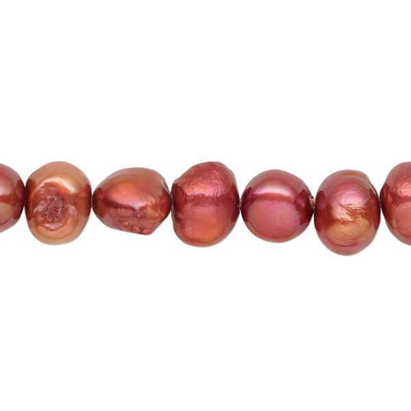 Pearl, cultured freshwater (dyed), dark red-orange, 7-9mm flat-sided potato with 0.4-0.6mm hole, D grade, Mohs hardness 2-1/2 to 4. Sold per 15-inch strand. image number 0