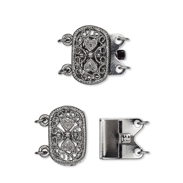 Clasp, 2-strand tab, gunmetal-plated brass, 14x9mm filigree oval. Sold per pkg of 10. image number 0