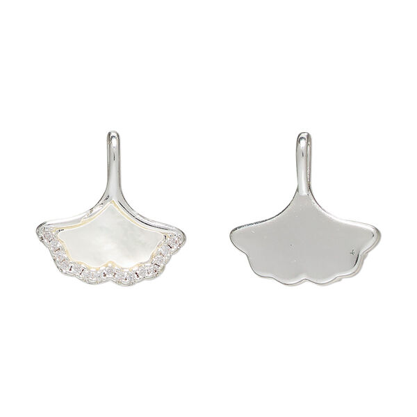 Pendant 1pkg1 brass / mother-of-pearl shell / glass rhinestone, 16x9mm ginkgo leaf, bleached silver finish / white / clear image number 0