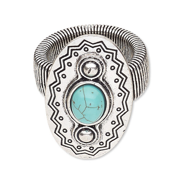 Ring, stretch, magnesite (dyed / stabilized) with antique silver-plated steel and "pewter" (zinc-based alloy), turquoise blue, 35x21mm oval, size 7-10. Sold individually. image number 0