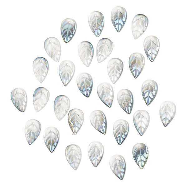 Drop, pressed glass, translucent metallic green rainbow, 18 x 11mm pressed leaf, top-drilled. Sold per pkg of 30. image number 0