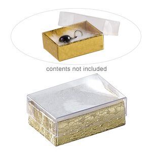 Box, plastic and paper, "cotton"-filled, gold and clear, 1-7/8 x 1-1/4 x 5/8 inch rectangle. Sold per pkg of 10.