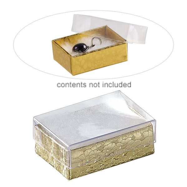 Box, plastic and paper, "cotton"-filled, gold and clear, 1-7/8 x 1-1/4 x 5/8 inch rectangle. Sold per pkg of 10. image number 0