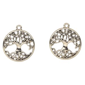Charm, antique gold-finished "pewter" (zinc-based alloy), 23mm round with tree of life cutout. Sold per pkg of 2.