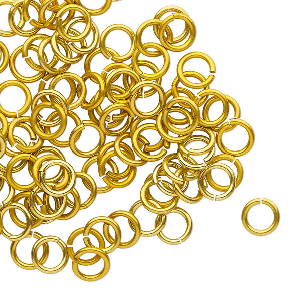 Jump ring, anodized tempered aluminum, gold, 6mm round, 4.2mm inside diameter, 18 gauge. Sold per pkg of 100. image number 0