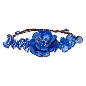 Bracelet, freshwater pearl shell (dyed) / felt / glass / waxed cotton cord, blue / brown / white, 45mm flower, adjustable from 6-1/2 to 9 inches with macramé knot closure. Sold individually.