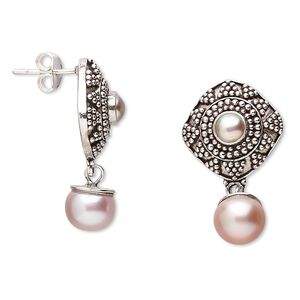 Earring, cultured freshwater pearl and sterling silver, mauve, 28mm with 17mm diagonal square and post. Sold per pair.