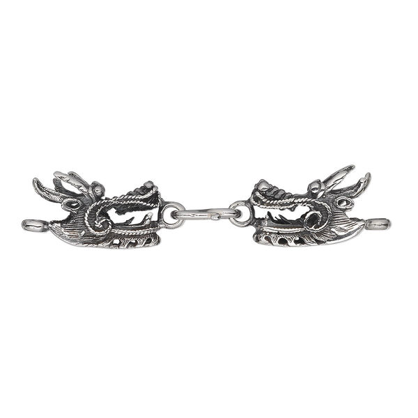 Clasp, S-hook, antiqued sterling silver, 58x14mm double dragon head. Sold individually. image number 0
