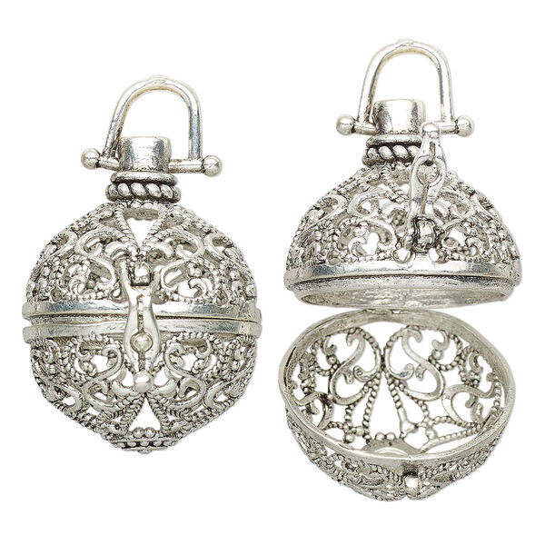 Focal, antique silver-finished brass, 32x25mm round bead cage with cutout fancy design and safely latch, fits up to 18mm bead. Sold individually. image number 0