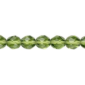Bead, Czech fire-polished glass, transparent olivine, 8mm faceted round. Sold per 15-1/2" to 16" strand, approximately 50 beads.